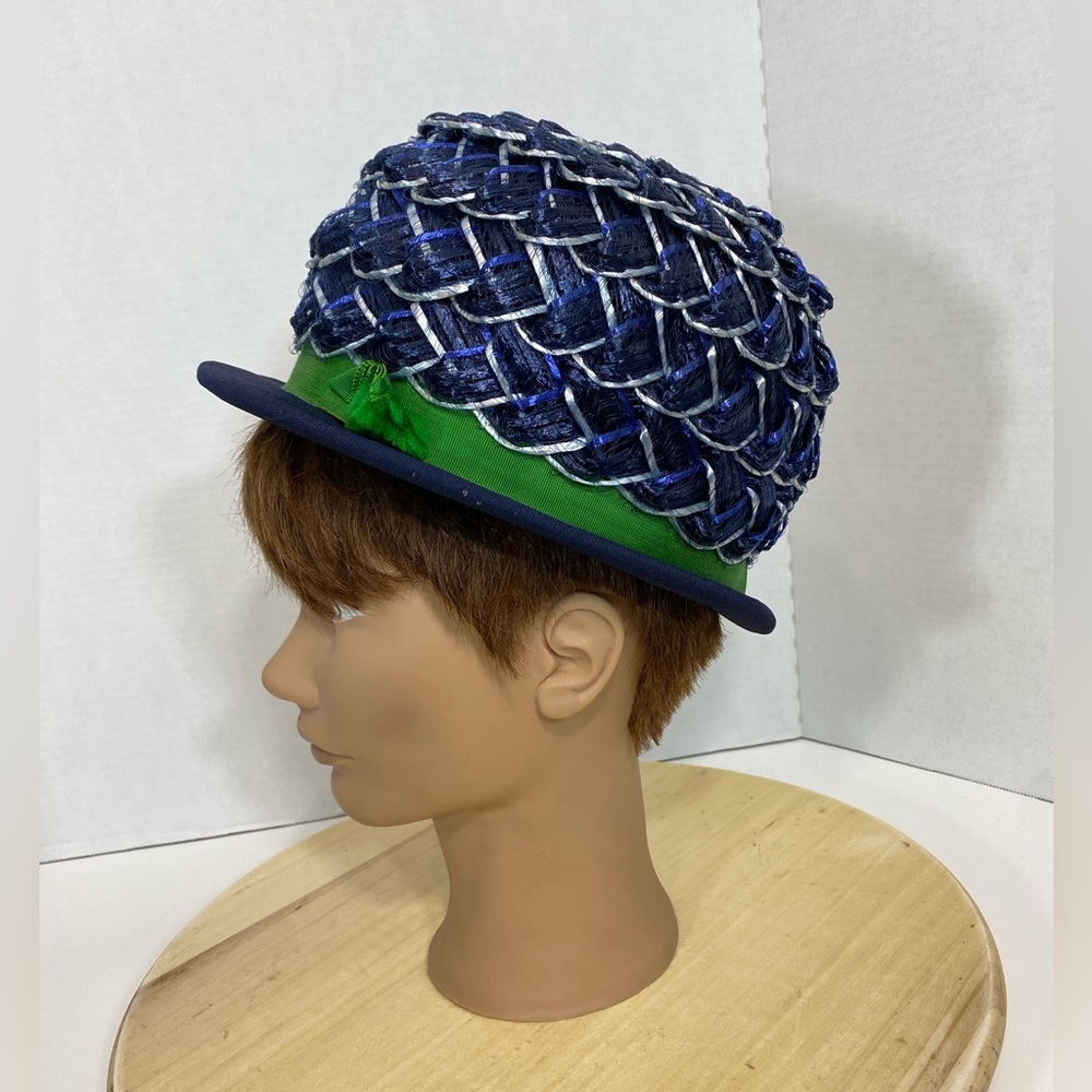 1950s Derby Bowler vintage hat Impeccable Blue leaf cello straw silver trim